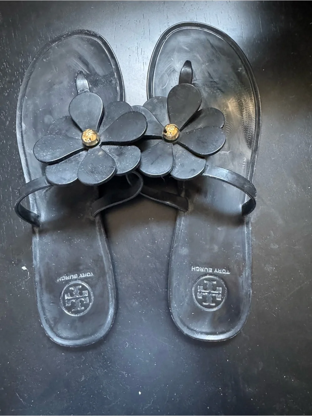 Tory Burch Black Floral Toe-Post Sandals with Gold Accent
